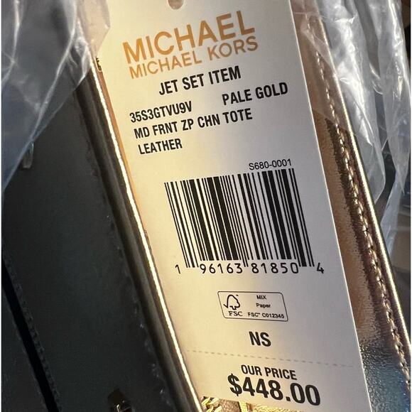 MICHAEL KORS Jet Set Pebbled Leather Chain Tote Bag Pale Gold - Picture 3 of 4